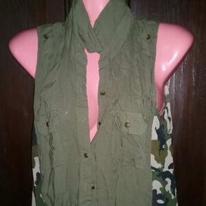 Green Camo Sleeveless Button-Up